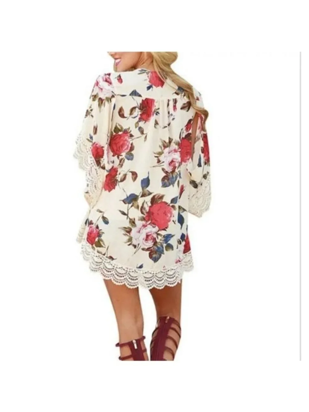 Floral Rose Print Kimono Cardigan Lace Trim Lightweight Coverup - Picture 8 of 10